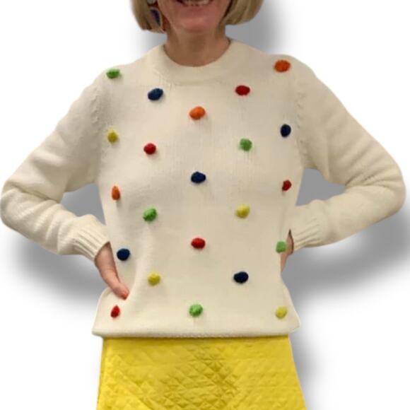 ModCloth White Knit Sweater Multicolor Rainbow Pom Poms Polka Dot Crewneck - Picture 9 of 9